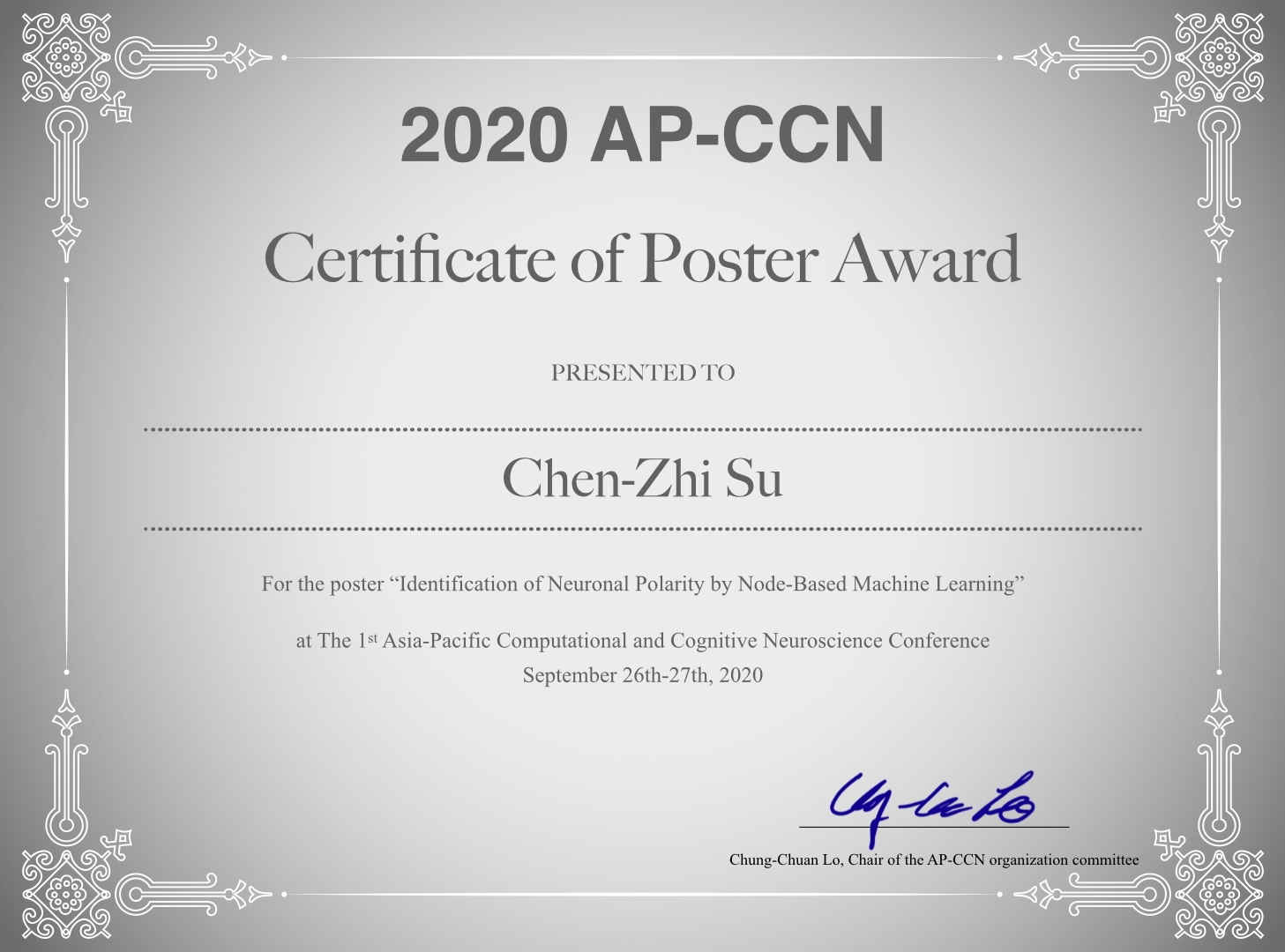 資料科學家蘇晨知參加2020APCCN榮獲Certificate of Poster Award