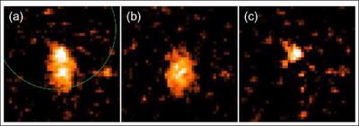 図1: すばる望遠鏡が検出したガンマ線バーストの残光(残り火のようなもの)と母銀河（a：発生から約9時間後、b：約34時間後、c：残光の姿（aからbの画像を差し引いたもの）)。